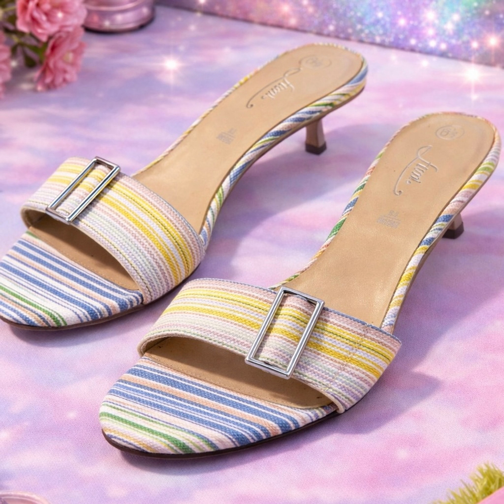 Fioni Striped Slide Sandals Size 6.5 – Buckle Detail Low Heel